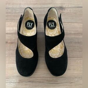 FLY London Black Suede Leather Mary Jane Cross-Strap Size EU 37 / US 6.5/7